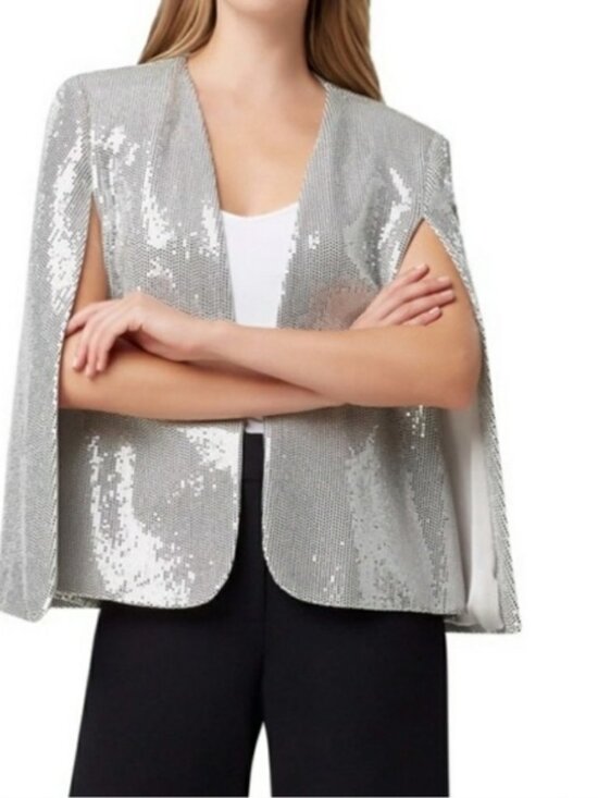 Zara Silver Sequin Cape Blazer S - Picture 5 of 16